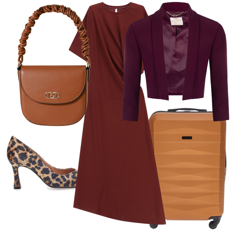 Outfit donna - Viaggio di lavoro. Stile Glamour per Ufficio. Abbinamento con blazer, borse a mano, vestiti lunghi, décolleté, valigie.