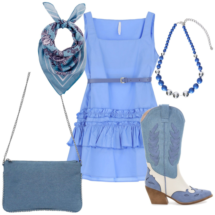 Outfit donna - Un po\' country. Stile Boho per Tutti i giorni. Abbinamento con foulard, borse a tracolla, vestiti corti, collane, stivaletti texani.