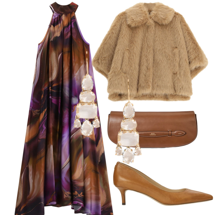 Outfit donna - Matrimonio in montagna. Stile Chic per Cerimonia. Abbinamento con blazer, vestiti midi/longuette, décolleté, orecchini, clutch.