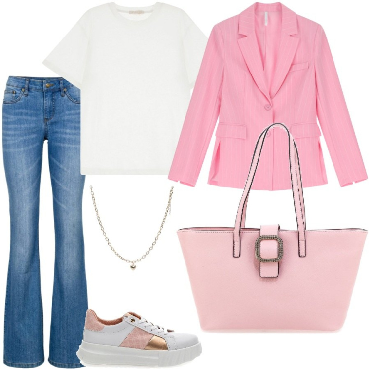 Outfit donna - Working. Stile Casual chic per Ufficio. Abbinamento con jeans bootcut, collane, t-shirt, blazer, sneakers, borse a spalla.