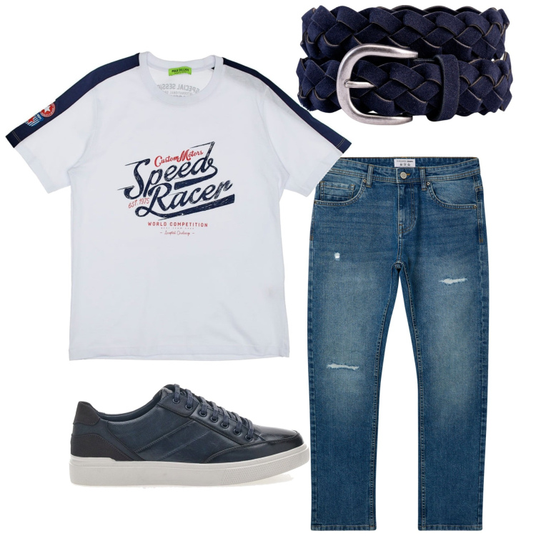 Outfit uomo - Una tranquilla domenica. Stile Urban per Tutti i giorni. Abbinamento con jeans strappati, t-shirt, cinture, scarpe stringate.