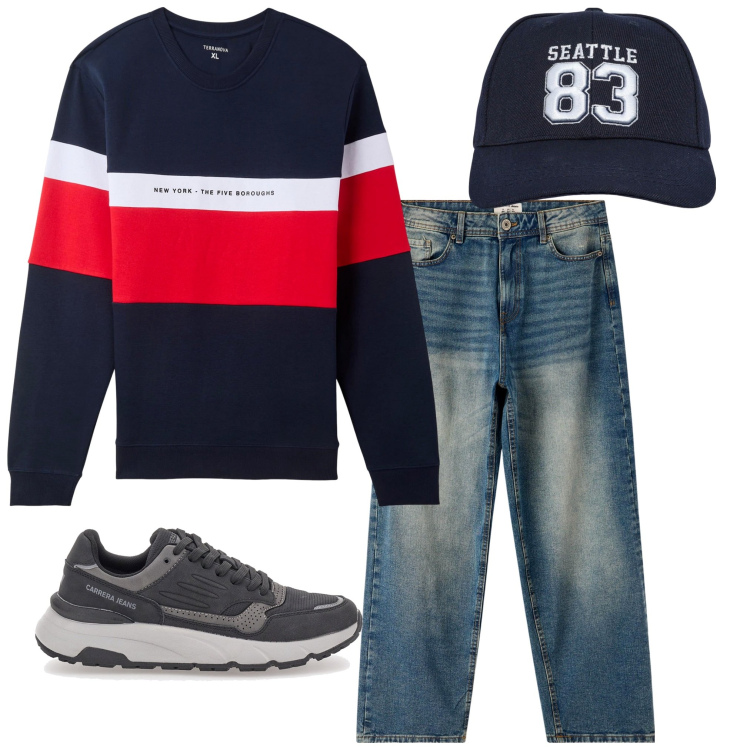 Outfit uomo - Sportivamente. Stile Urban per Tutti i giorni. Abbinamento con cappelli, felpe con cappuccio, jeans, sneakers.