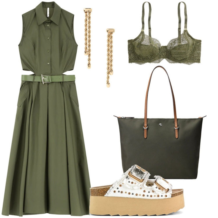 Outfit donna - Ultime uscite al mare. Stile Chic per Serata fuori. Abbinamento con vestiti senza maniche, borse tote, orecchini, reggiseni, sandali.