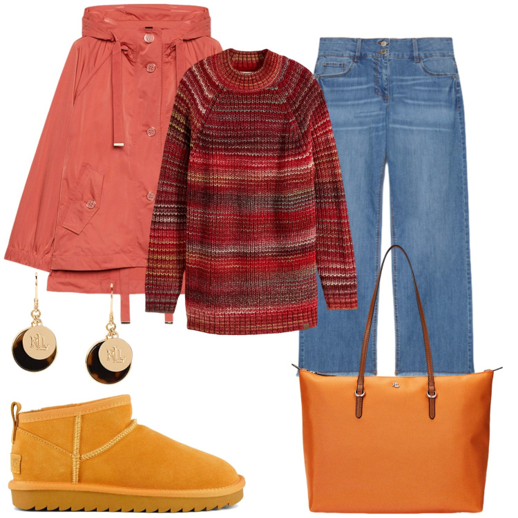 Outfit donna - Arancio in inverno. Stile Casual per Tutti i giorni. Abbinamento con maglieria, borse tote, orecchini, stivali, jeans, parka.