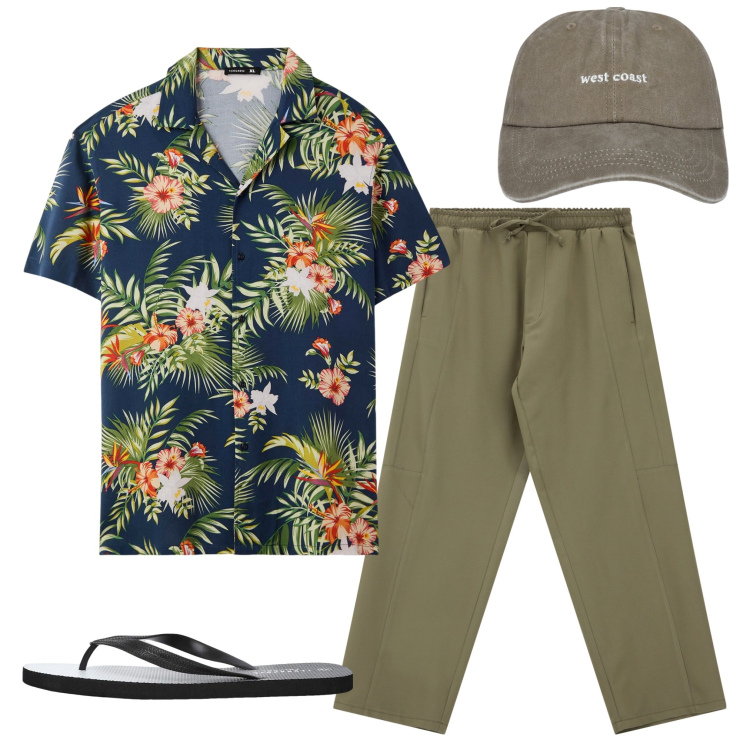 Outfit uomo - Verde floreale. Stile Trendy per Tutti i giorni. Abbinamento con cappelli, camicie a manica corta, sandali, pantaloni cargo.