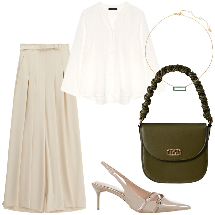 Outfit donna - Total look #2238960. Stile Chic per Ufficio. Abbinamento con décolleté, borse a mano, pantaloni a palazzo, collane, camicie.