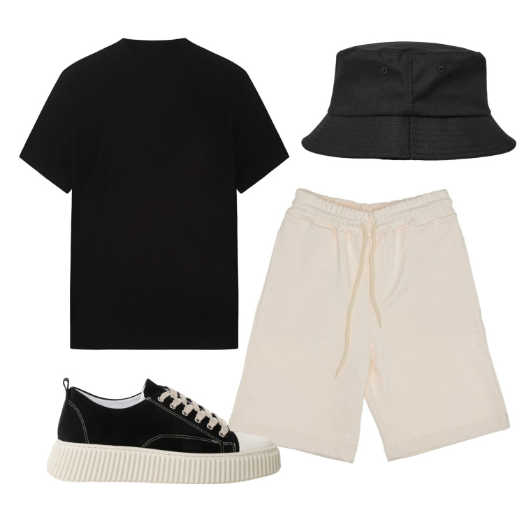 Outfit uomo - In gita. Stile Trendy per Tutti i giorni. Abbinamento con cappelli, sneakers, pantaloni corti, t-shirt.