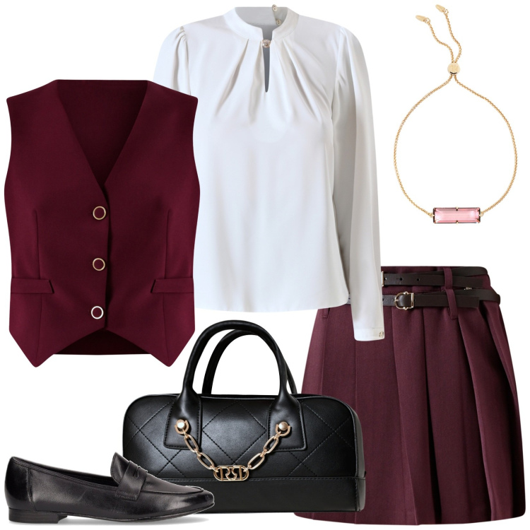 Outfit donna - Preppy girl. Stile Preppy per Scuola/Università. Abbinamento con minigonne, gilet, borse a mano, bluse, braccialetti, mocassini.