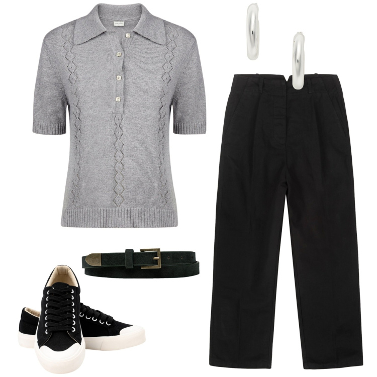 Outfit donna - Minimal a settembre. Stile Minimal per Scuola/Università. Abbinamento con orecchini, polo, pantaloni, sneakers, cinture.