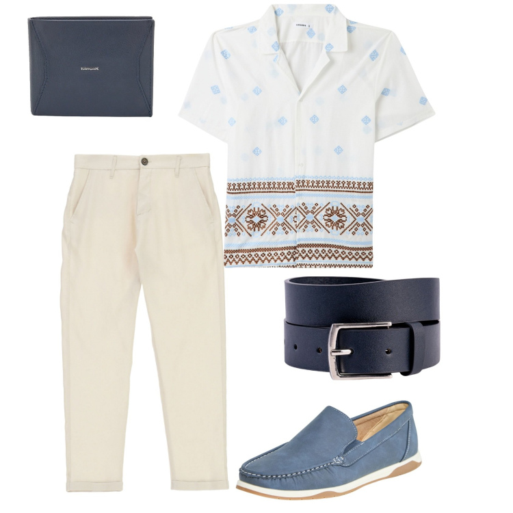 Outfit uomo - Look rilassato per aperitivo fine estate. Stile Trendy per Serata speciale. Abbinamento con scarpe stringate, camicie a manica corta, pantaloni, cinture, portafogli.
