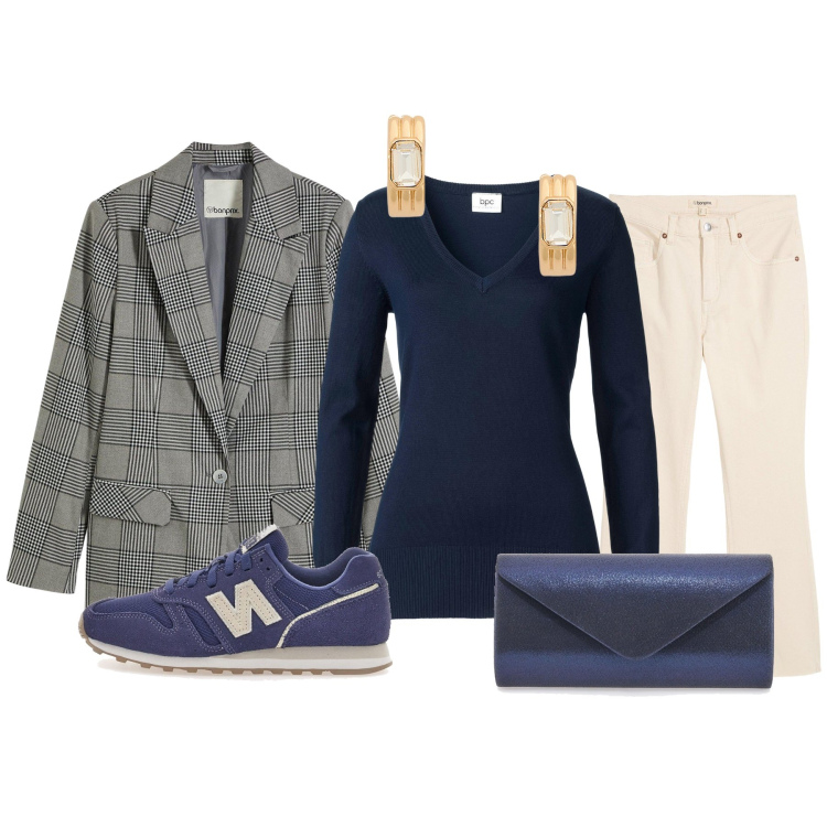Outfit donna - Giacca e sneakers. Stile Casual per Tutti i giorni. Abbinamento con maglieria, blazer, jeans a zampa, orecchini, sneakers, borse a tracolla.