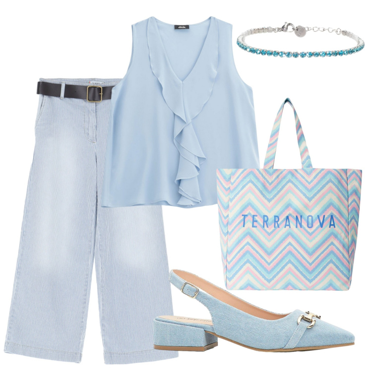 Outfit donna - In azzurro. Stile 70s per Tutti i giorni. Abbinamento con décolleté, borse tote, pantaloni, braccialetti, top.