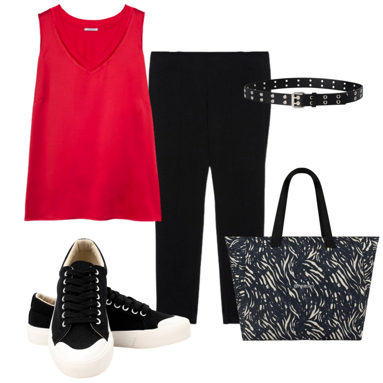 Outfit donna - Il top rosso. Stile Casual per Tutti i giorni. Abbinamento con cinture, shopping bag, sneakers, pantaloni skinny, top.
