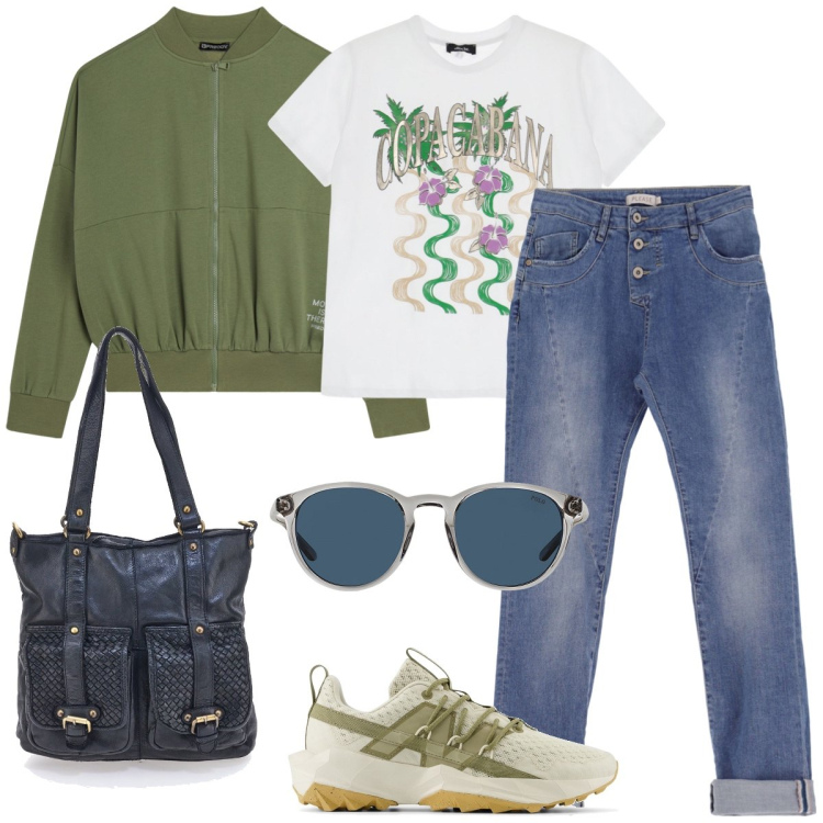Outfit donna - Total look #2238974. Stile Casual per Scuola/Università. Abbinamento con sneakers, jeans slim fit, t-shirt, felpe, occhiali da sole, borse a spalla.