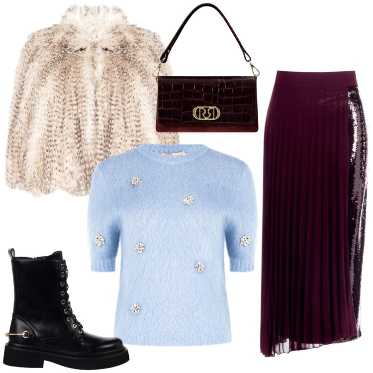 Outfit donna - Total look #2238975. Stile Trendy per Serata fuori. Abbinamento con gonne longuette, maglieria, ecopellicce, anfibi, borse a mano.