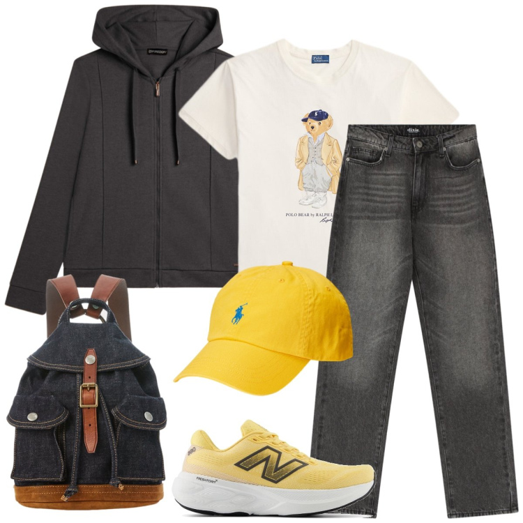Outfit donna - Total look #2238978. Stile Casual per Scuola/Università. Abbinamento con sneakers, felpe con cappuccio, jeans dritti, t-shirt, zaini, cappelli.