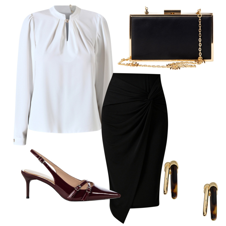 Outfit donna - Rinascimento - Nuova collezione FW26. Stile Casual chic per Serata fuori. Abbinamento con gonne, décolleté, pochette, bluse, orecchini.