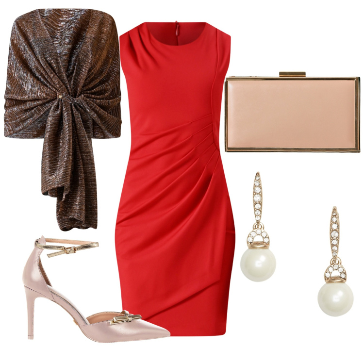 Outfit donna - Rinascimento - Nuova collezione FW26. Stile Glamour per Cerimonia. Abbinamento con vestiti a tubino, stole, décolleté, pochette, orecchini.