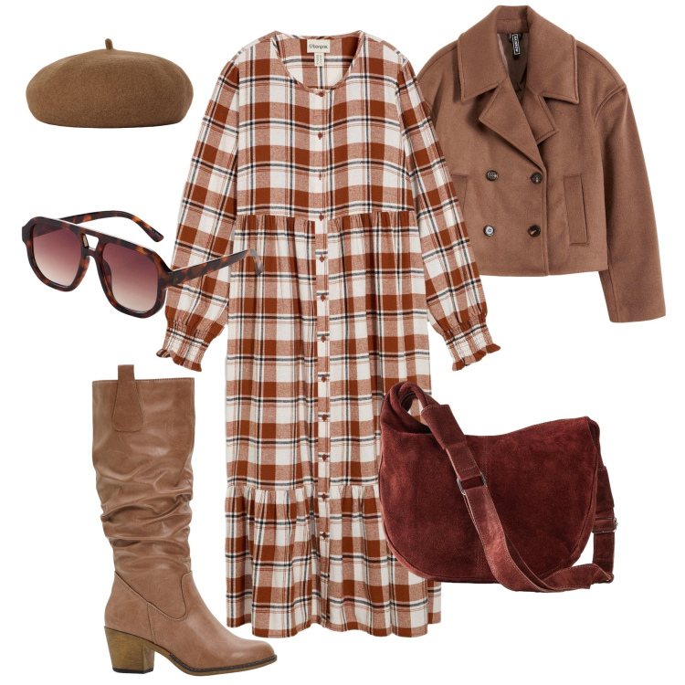 Outfit donna - L’abito tartan boho style. Stile Boho per Tutti i giorni. Abbinamento con stivali, occhiali da sole, vestiti midi/longuette, caban, borse a mano, cappelli e berretti.