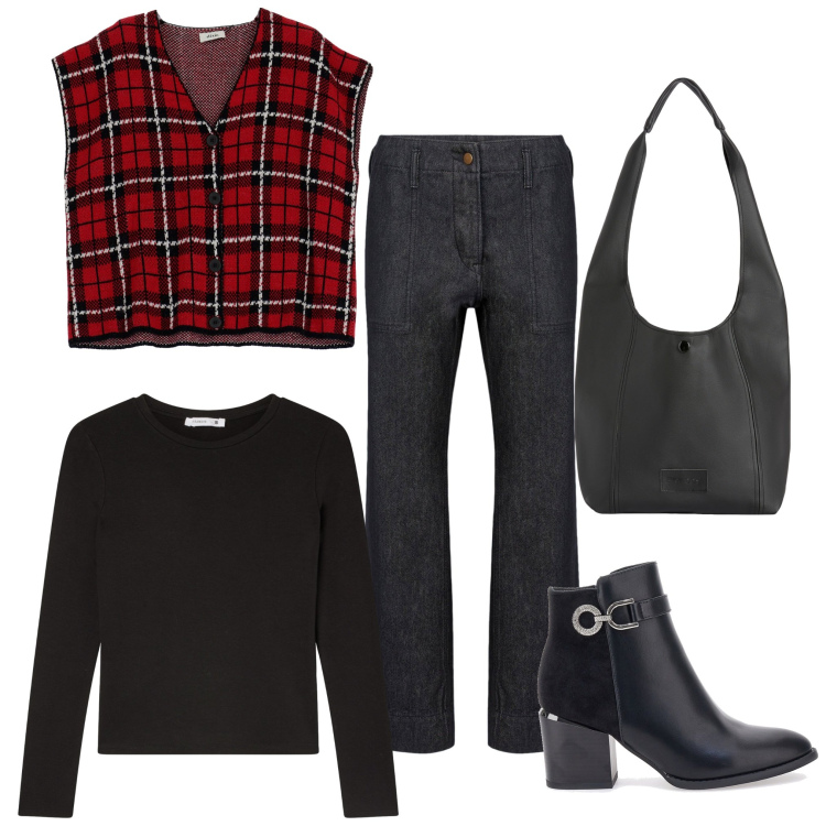 Outfit donna - Il gilet scozzese. Stile 70s per Tutti i giorni. Abbinamento con t-shirt, borse a spalla, gilet, pantaloni, stivaletti.