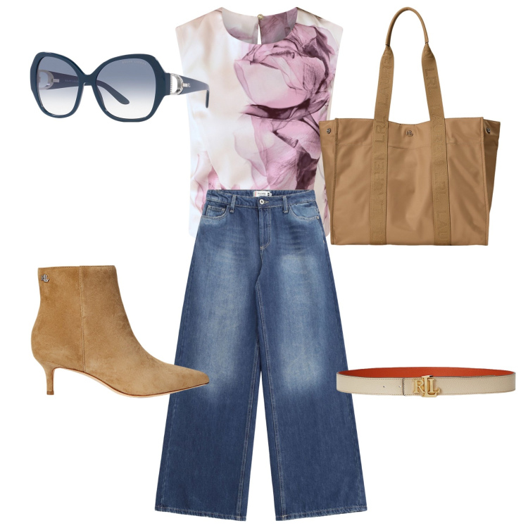 Outfit donna - Ancora un po’ di sole. Stile Casual per Tutti i giorni. Abbinamento con top, jeans, occhiali da sole, cinture, borse tote, stivaletti.