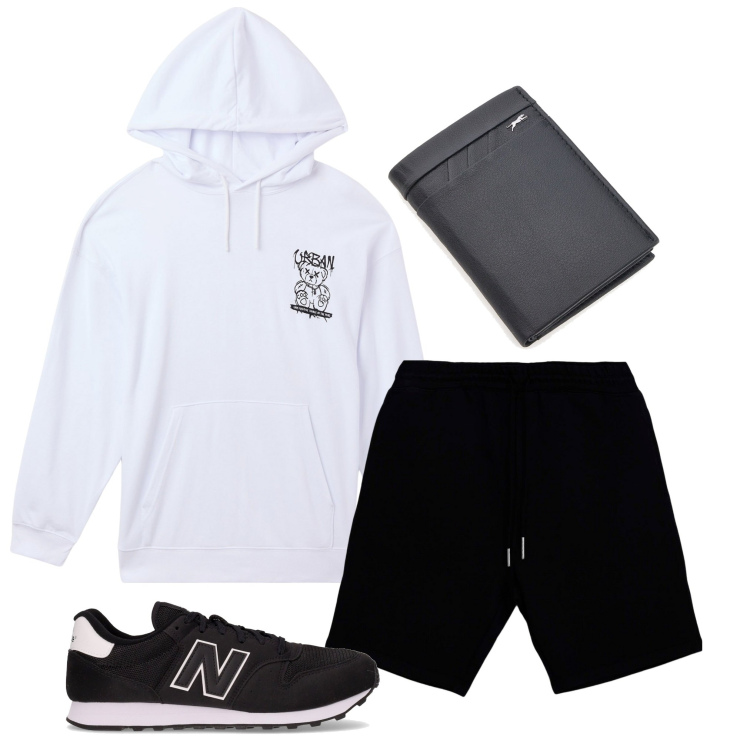 Outfit uomo - Una felpa per la sera. Stile Trendy per Tutti i giorni. Abbinamento con felpe con cappuccio, pantaloni corti, portafogli, sneakers.