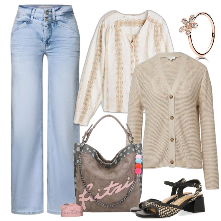 Outfit femme - Baya. Style Casual chic pour Tous les jours. Assortir avec chemisiers, sandales en cuir, jeans, bagues, gilets, sac cabas.