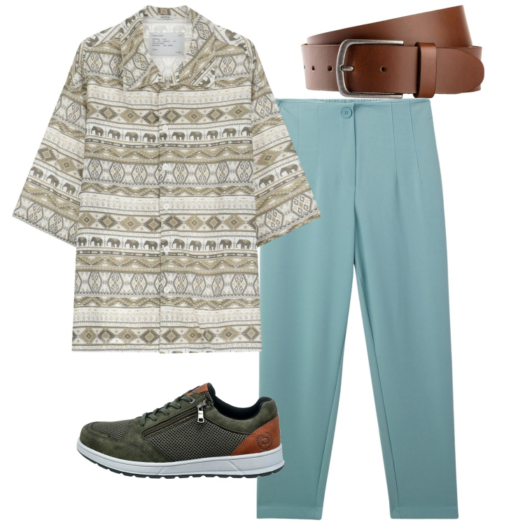 Outfit uomo - Camicia fantasia. Stile Casual per Tutti i giorni. Abbinamento con cinture, pantaloni chino, camicie a manica corta, scarpe stringate.
