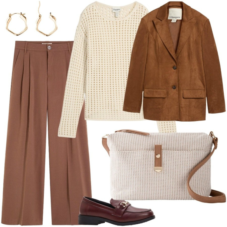 Outfit donna - Giacca in suede. Stile Casual chic per Tutti i giorni. Abbinamento con pantaloni, mocassini, borse a tracolla, maglieria, orecchini, blazer.