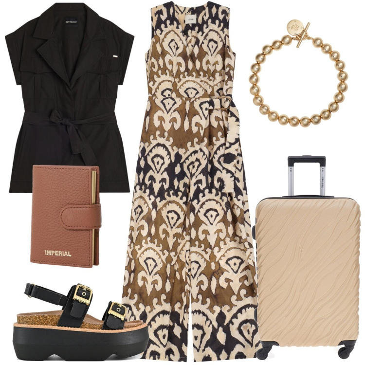 Outfit donna - Total look #2238994. Stile Casual per Tutti i giorni. Abbinamento con portafogli, trench, tute, braccialetti, valigie, sandali col tacco.