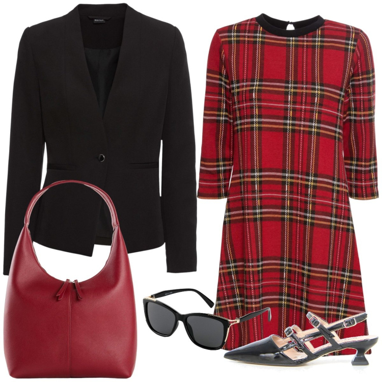 Outfit donna - Total look #2238998. Stile Bon Ton per Tutti i giorni. Abbinamento con blazer, shopping bag, occhiali da sole, vestiti corti, décolleté.