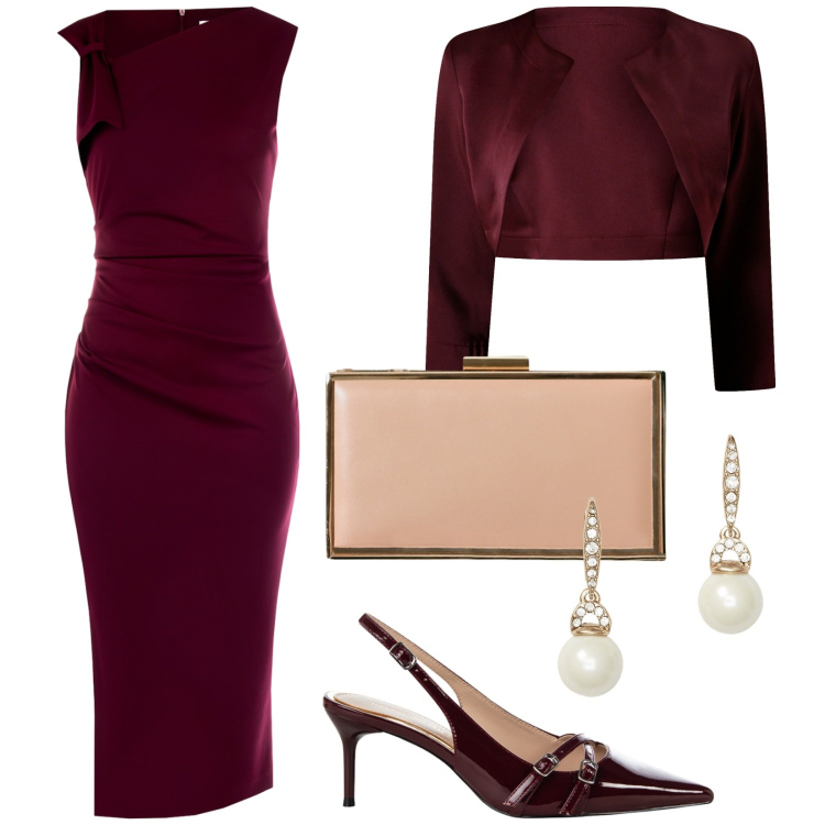 Outfit donna - Ricevimento autunnale. Stile Chic per Cerimonia. Abbinamento con vestiti a tubino, bolero, décolleté, pochette, orecchini.