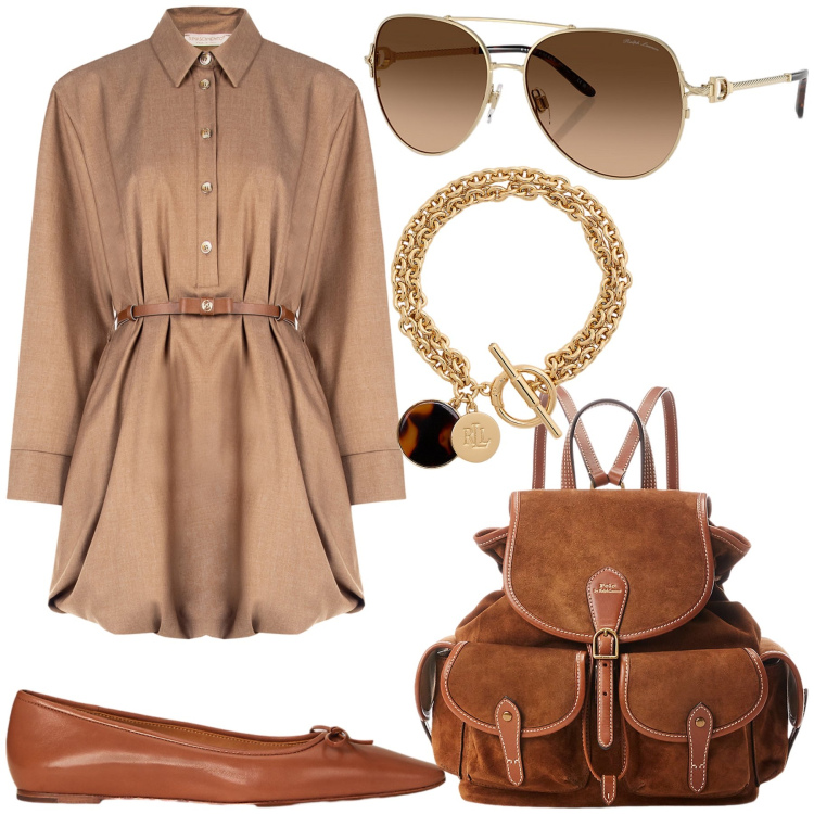 Outfit donna - Finalmente si parte!!!. Stile Glamour per Tutti i giorni. Abbinamento con vestiti chemisier, zaini, occhiali da sole, braccialetti con ciondoli, ballerine.