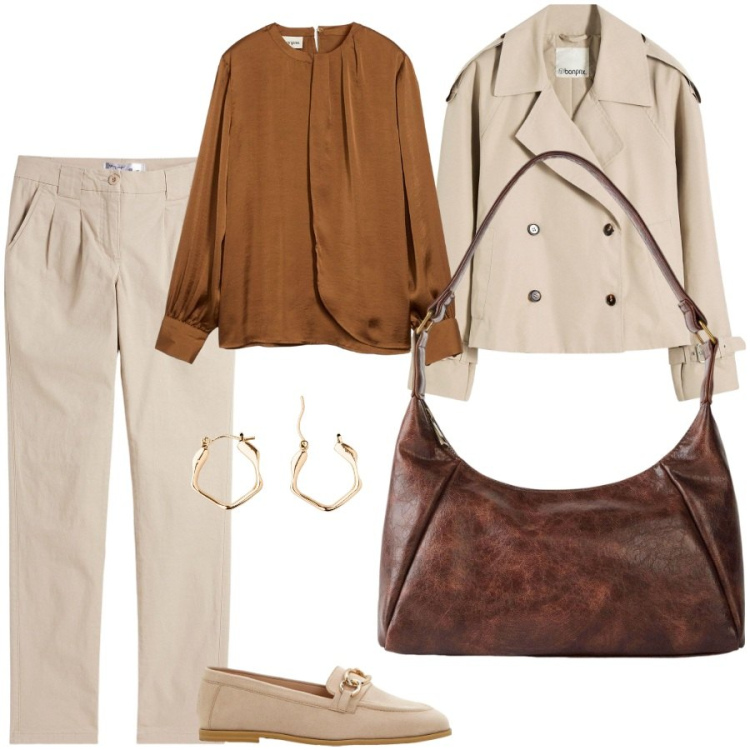 Outfit donna - Il trench corto must have. Stile Casual chic per Tutti i giorni. Abbinamento con trench, pantaloni chino, bluse, borse a mano, mocassini, orecchini.