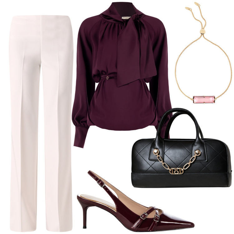 Outfit donna - Total look #2239003. Stile Chic per Serata fuori. Abbinamento con bluse, pantaloni a palazzo, borse a mano, décolleté, braccialetti.