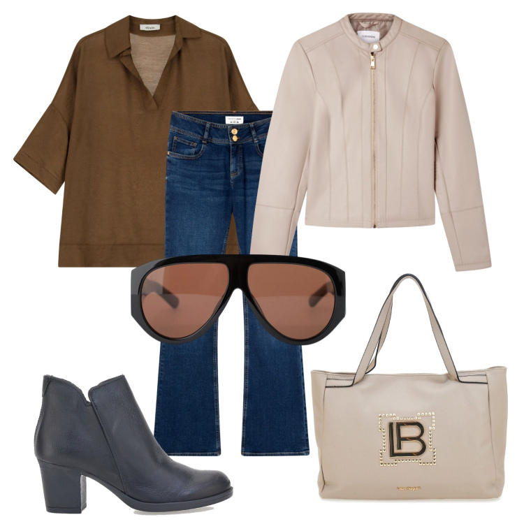 Outfit donna - Nuova collezione autunno-inverno. Stile Casual chic per Tutti i giorni. Abbinamento con jeans a zampa, giacche, occhiali da sole, bluse, borse a spalla, stivaletti.