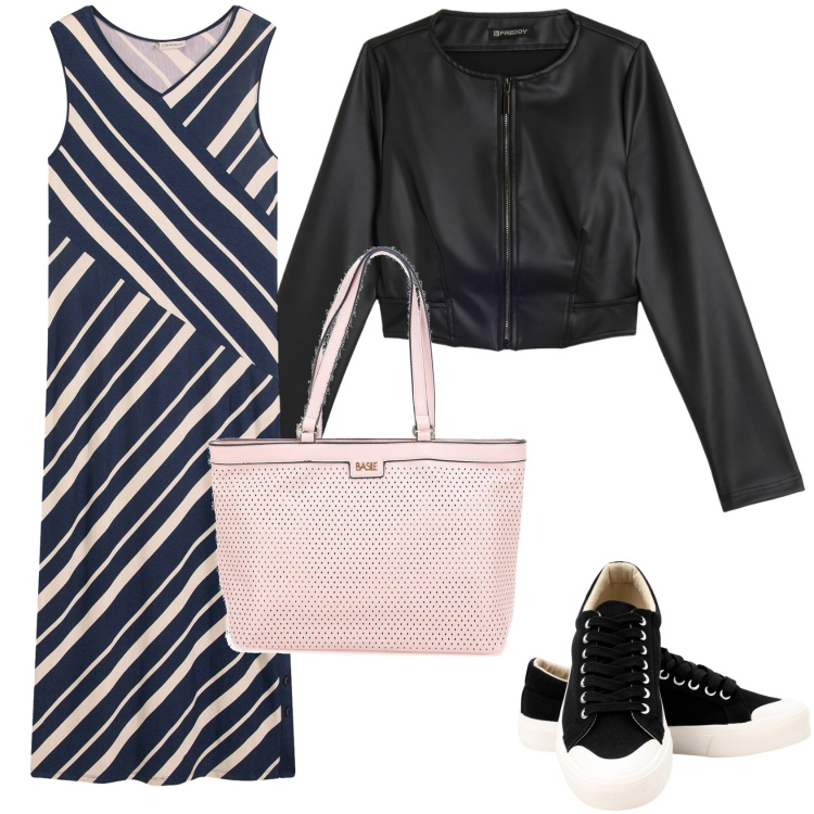 Outfit donna - Abito lungo e giubbino in similpelle. Stile Casual per Tutti i giorni. Abbinamento con vestiti lunghi, giacche, sneakers, borse a spalla.