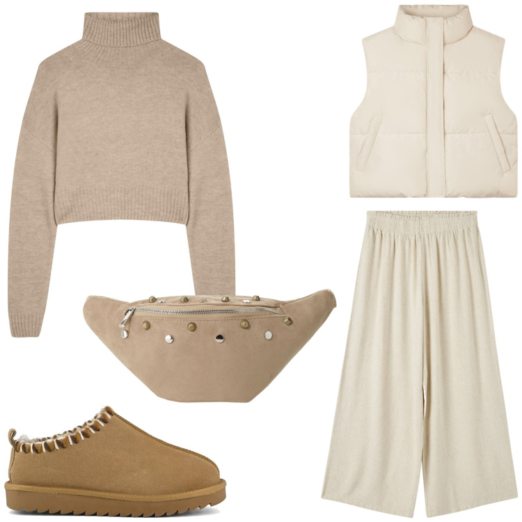 Outfit donna - Relax dopo il lavoro. Stile Basic per Tutti i giorni. Abbinamento con pantaloni, maglieria, piumini, marsupi, sabot.