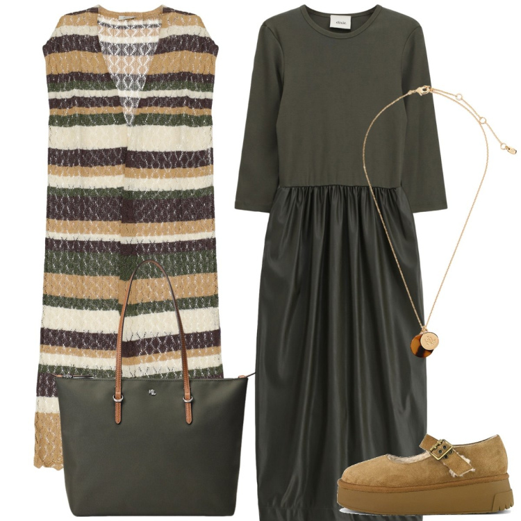 Outfit donna - Verde d’autunno. Stile Casual chic per Tutti i giorni. Abbinamento con vestiti midi/longuette, gilet, borse tote, collane, décolleté.