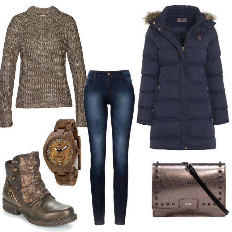 Outfit donna - Costo basso. Stile Basic per Tutti i giorni. Abbinamento con jeans skinny, pullover marrone, stivaletti, cappotto con cappuccio e zip nero e blu scuro e navy, borsa a tracolla con borchie, orologio.