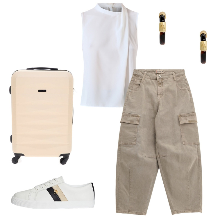 Outfit donna - Finalmente si parte, con lo stile Bantoa!. Stile Urban per Tutti i giorni. Abbinamento con top, pantaloni chino, orecchini, sneakers, valigie.