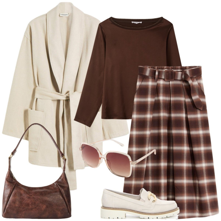 Outfit donna - Total look #2239016. Stile Casual chic per Tutti i giorni. Abbinamento con borse a mano, occhiali da sole, blazer, gonne, bluse, mocassini.
