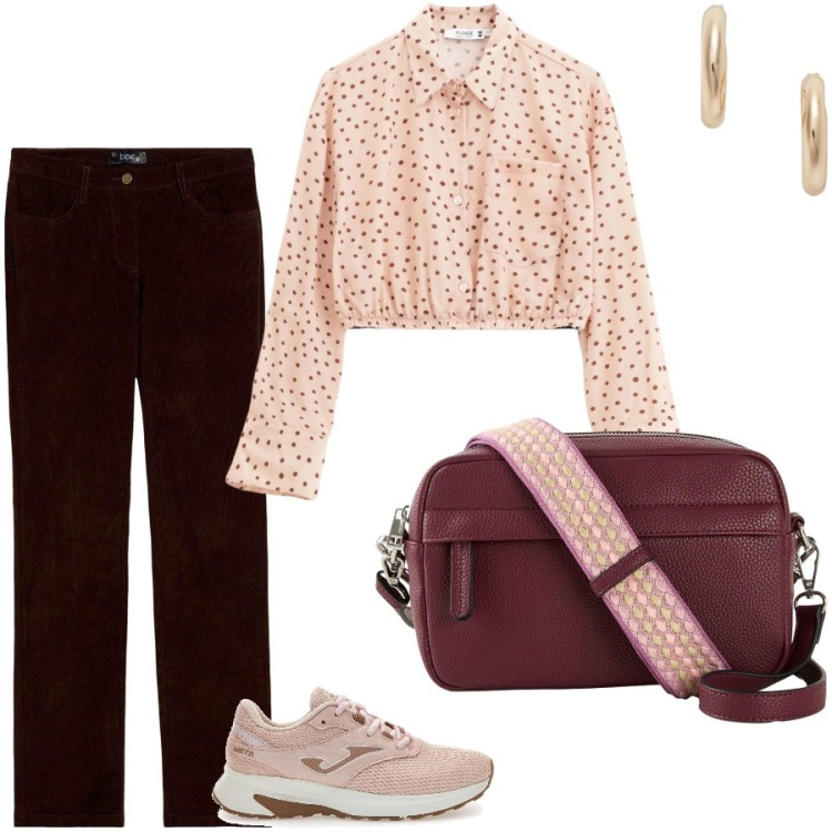 Outfit donna - La camicia corta. Stile Casual chic per Scuola/Università. Abbinamento con borse a tracolla, pantaloni, camicie, orecchini, sneakers.