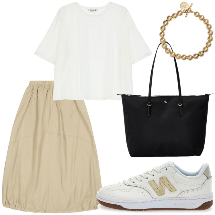 Outfit donna - Rientro urbano. Stile Urban per Ufficio. Abbinamento con gonne, t-shirt, braccialetti, borse tote, sneakers.