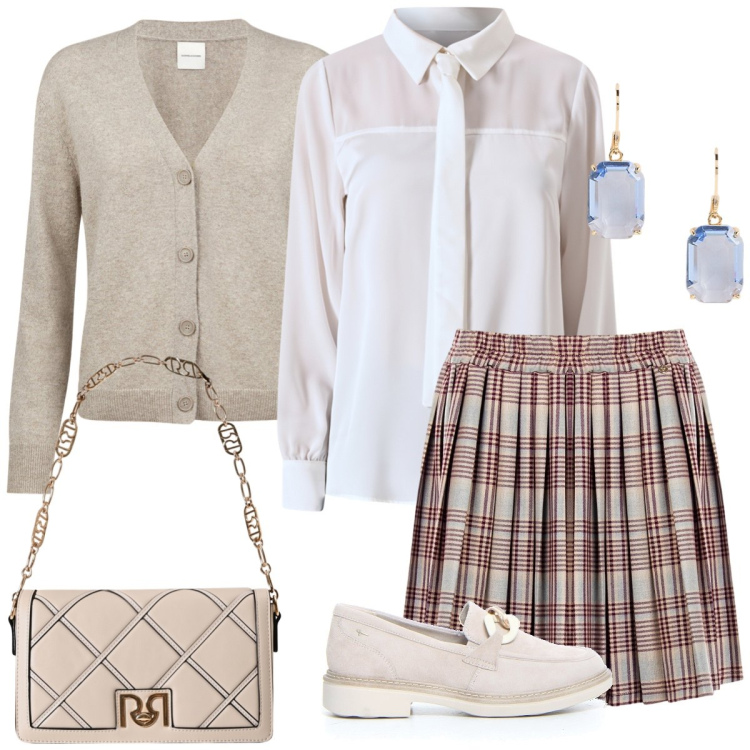 Outfit donna - Total look #2239020. Stile Preppy per Tutti i giorni. Abbinamento con minigonne, borse a tracolla, camicie, orecchini, mocassini, cardigans.
