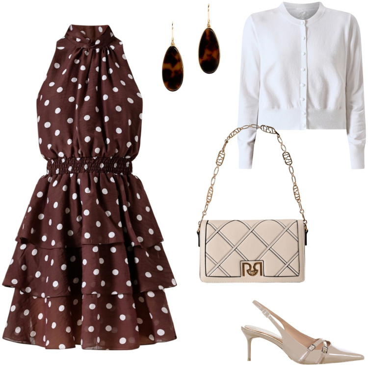 Outfit donna - Autunno a pois. Stile Bon Ton per Ufficio. Abbinamento con vestiti senza maniche, cardigans, décolleté, borse a tracolla, orecchini.