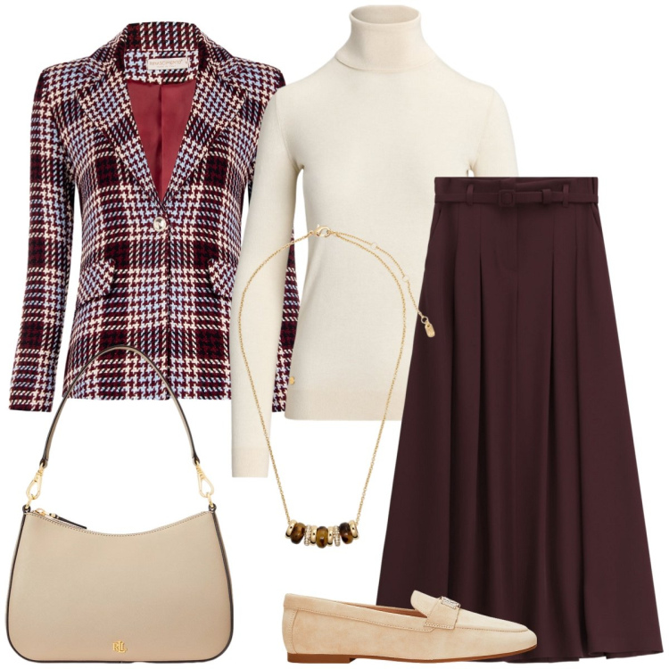 Outfit donna - Total look #2239024. Stile Chic per Ufficio. Abbinamento con blazer, gonne lunghe, maglieria, borse a spalla, collane, mocassini.