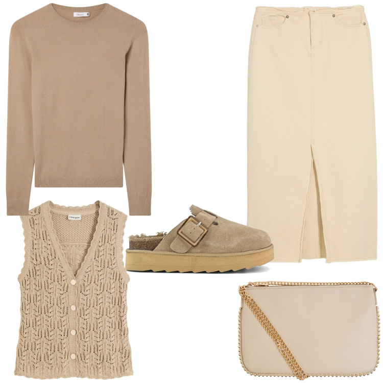 Outfit donna - Minimalist elegance. Stile Minimal per Tutti i giorni. Abbinamento con gilet, gonne, maglieria, borse a tracolla, sabot.