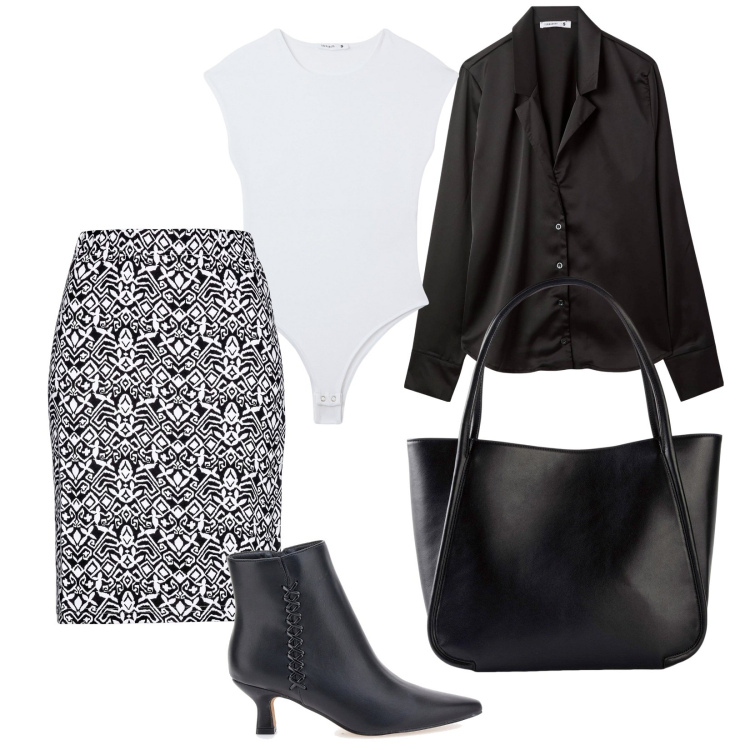 Outfit donna - B2B...Black & Beautiful. Stile Casual chic per Ufficio. Abbinamento con gonne, shopping bag, bluse, body, stivaletti.