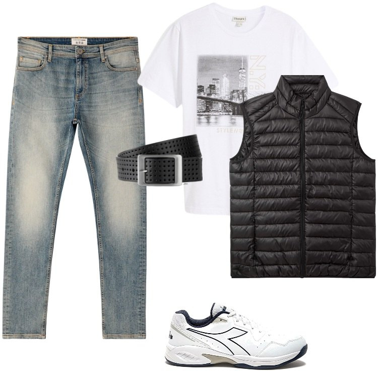 Outfit uomo - Due chiacchiere al bar. Stile Urban per Tutti i giorni. Abbinamento con cinture, t-shirt, piumini, jeans skinny, sneakers.